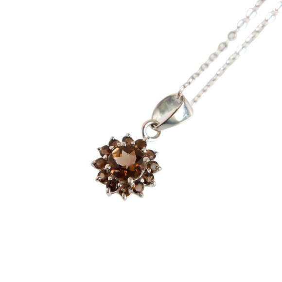 Jurate Amber Jewelry - Genuine Smokey Topaz Dainty Sunflower Pendant Necklace in s925